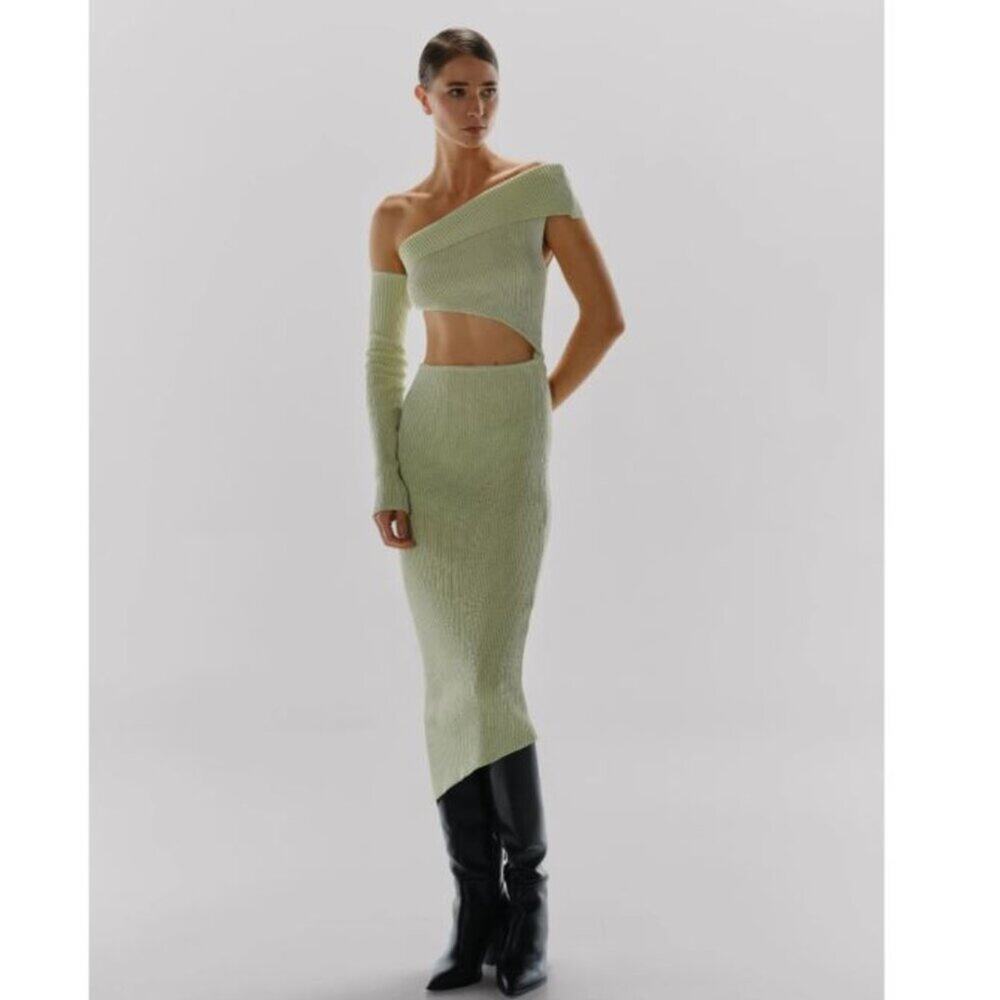 New Baobab Botanico One sleeve Asymmetrical cutouts Midi Dress Mantis Green Sz L